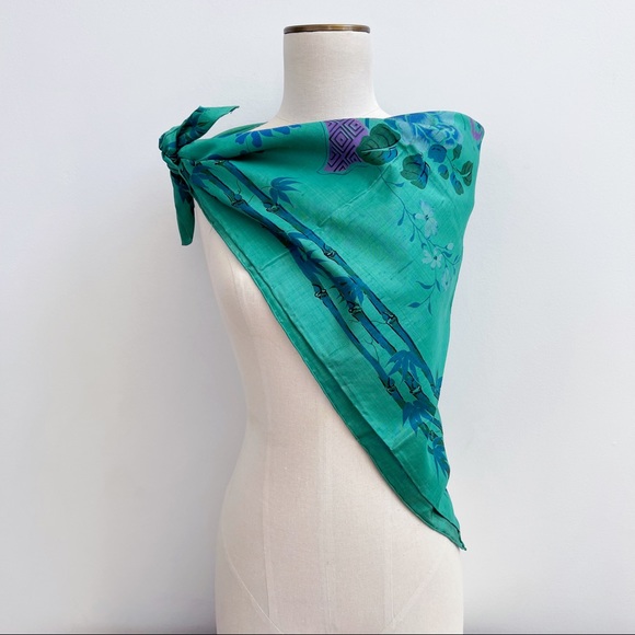 Green Blue Thai Silk Scarf 35” Floral Bird Bamboo - Picture 11 of 12